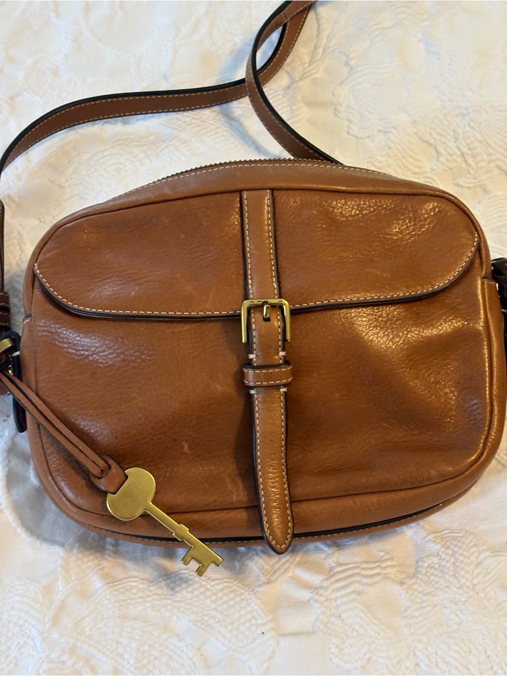 Fossil Kendall Leather Crossbody Bag with Key Charm - Cognac